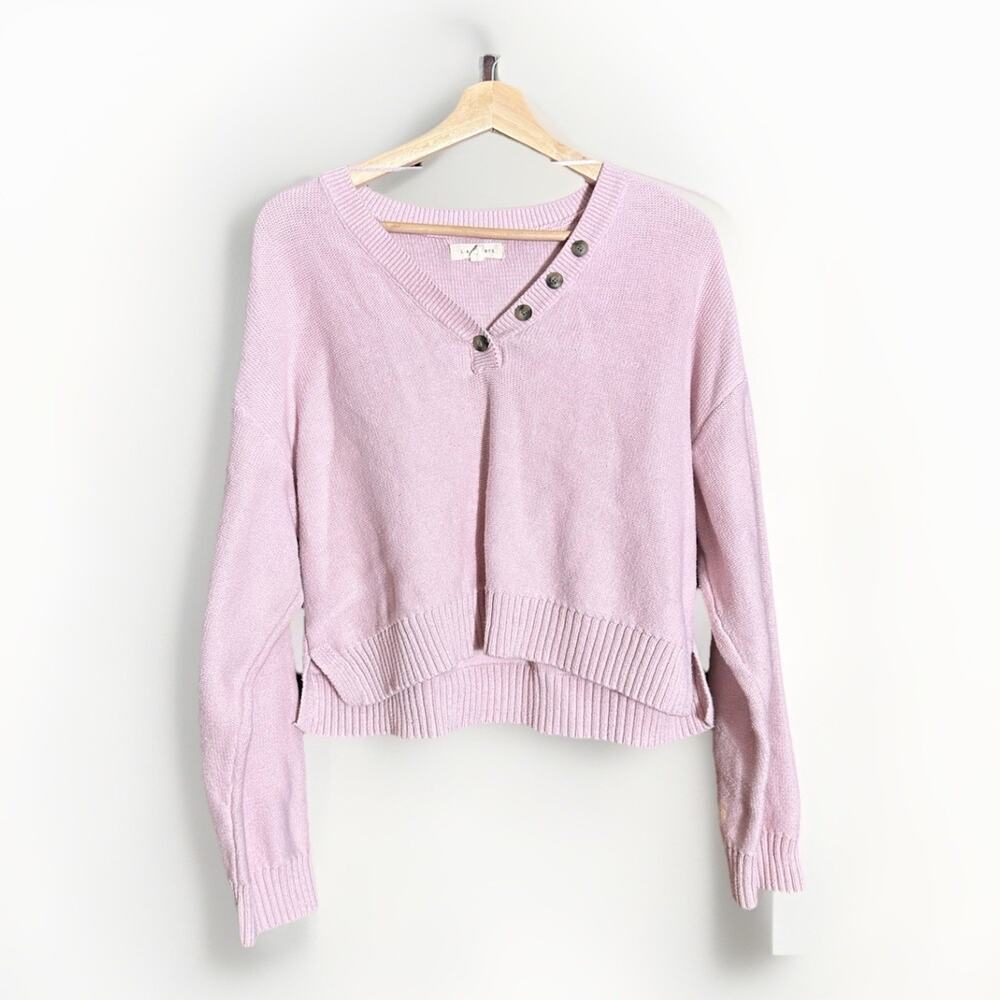 LA Hearts Pink Cropped Sweater Henley Button Neck Long Sleeve Size L Preppy